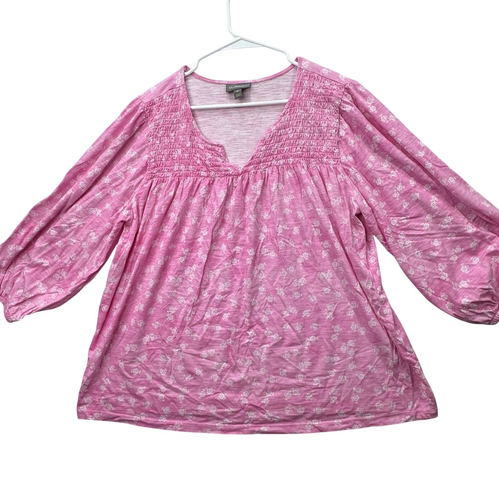Style & Co Blouse Womens XXL Pink Smocked Peasant Floral V-Neck 3/4 Sleeve Top
